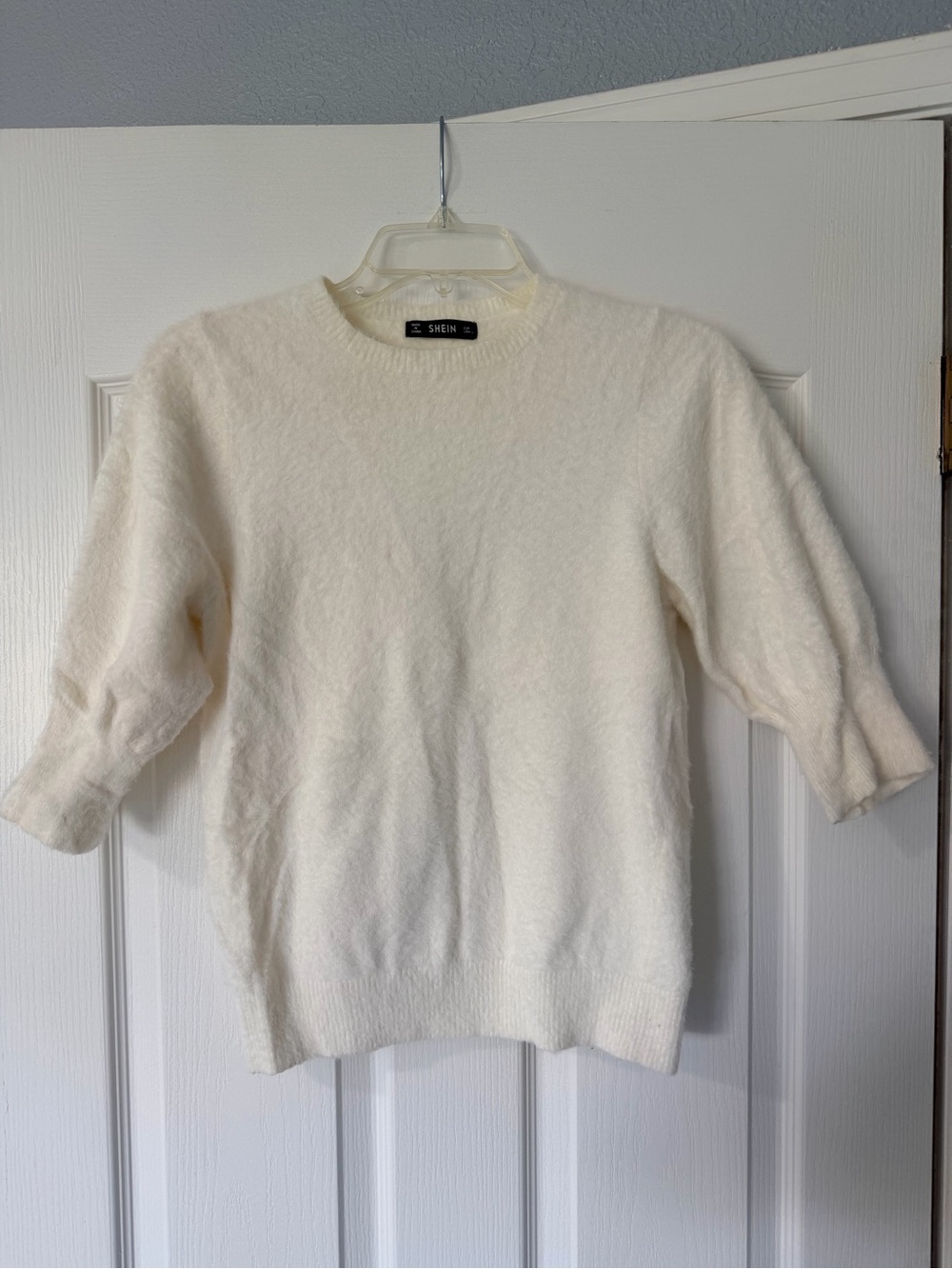 [SHEIN] Cream Fuzzy Cozy Crewneck Fall Winter White Sweater with Short Sleeves